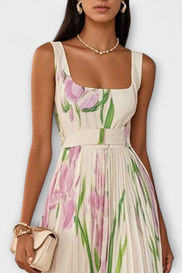 Penélope™ | Vestido largo de gasa con flores plisadas