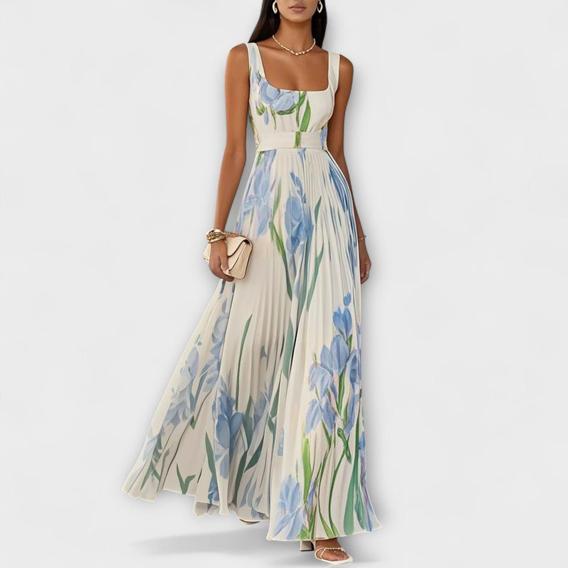 Penélope™ | Vestido largo de gasa con flores plisadas