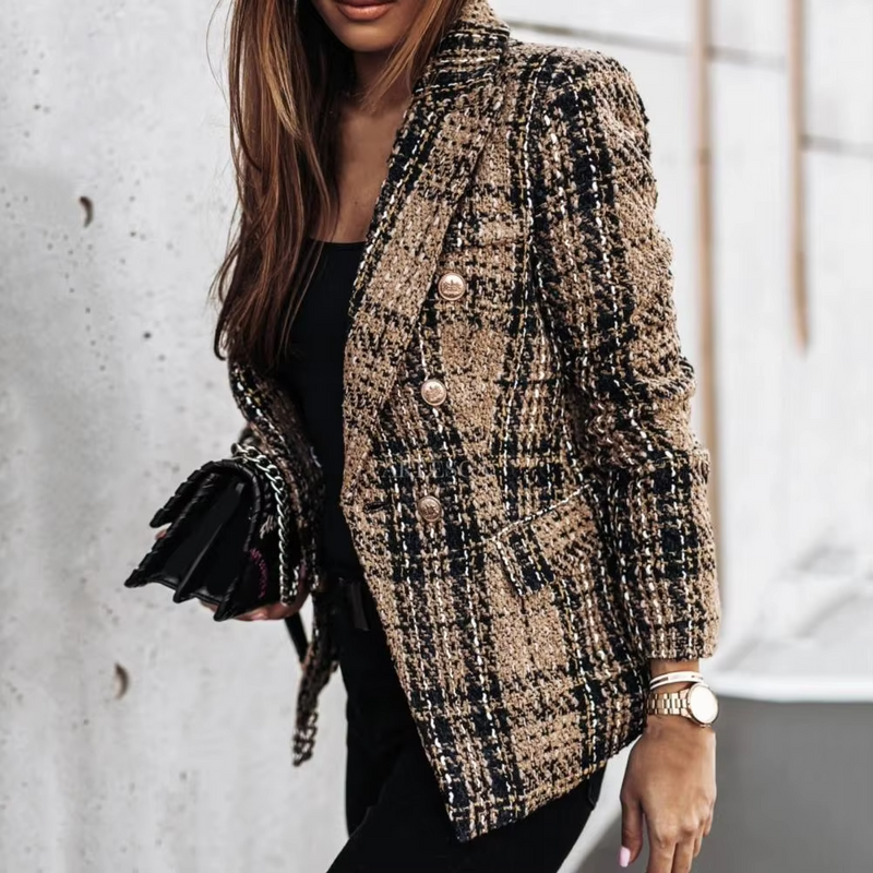 Avery™ - Blazer cruzado de primavera con estampado de cuadros modernos