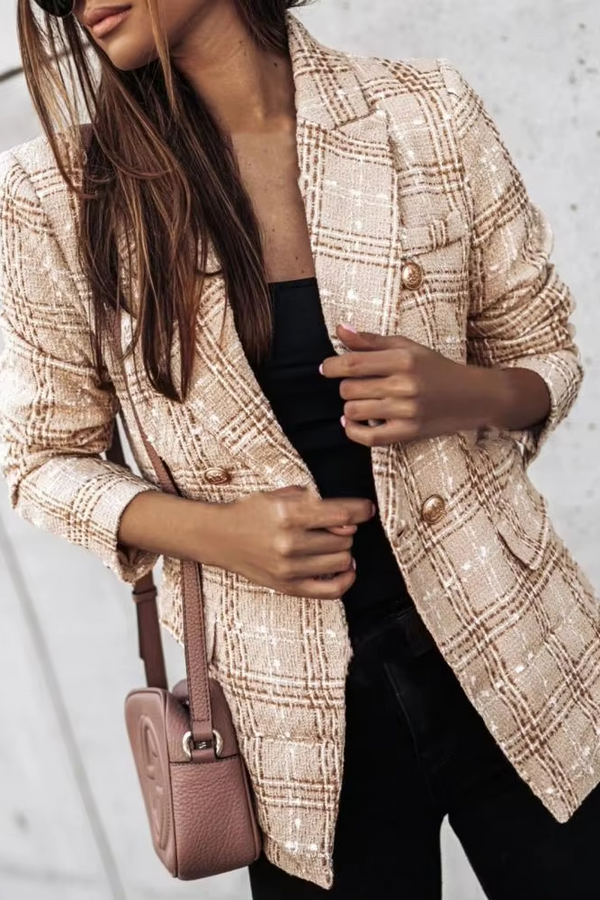 Avery™ - Blazer cruzado de primavera con estampado de cuadros modernos