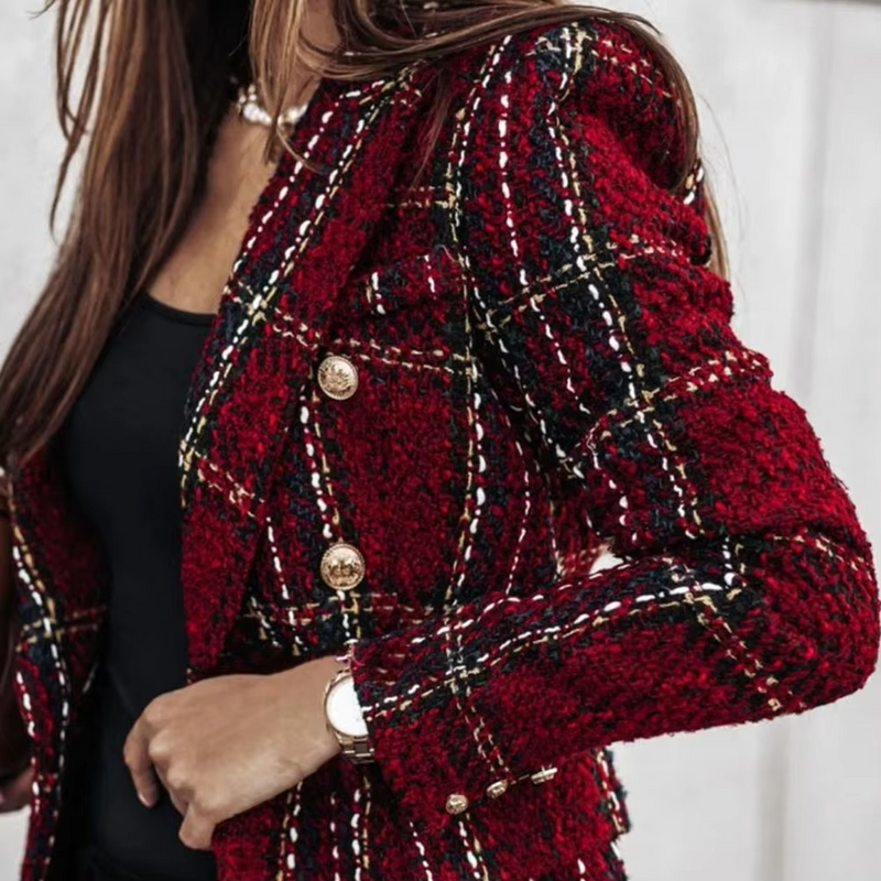 Avery™ - Blazer cruzado de primavera con estampado de cuadros modernos