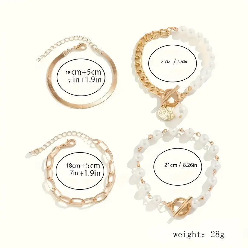Conjunto elegante de 4 pulseras doradas: serpiente, perlas y eslabones | Oro