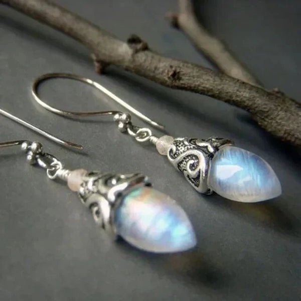 Pendientes colgantes de piedra lunar antigua | Oro blanco