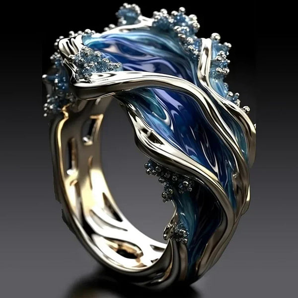 Anillo antiguo dorado con ondas oceánicas | Oro blanco