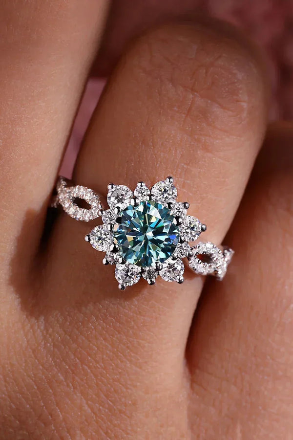 Anillo de flor de cristal turquesa | Oro blanco