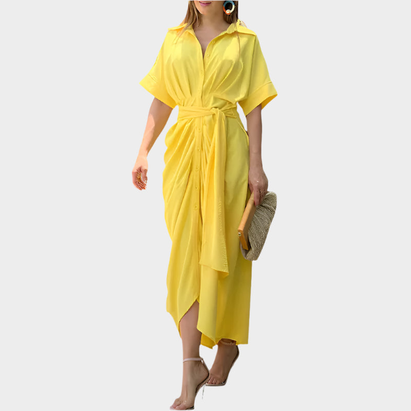 Vestido con Cuello Abullonado y Línea Elegante