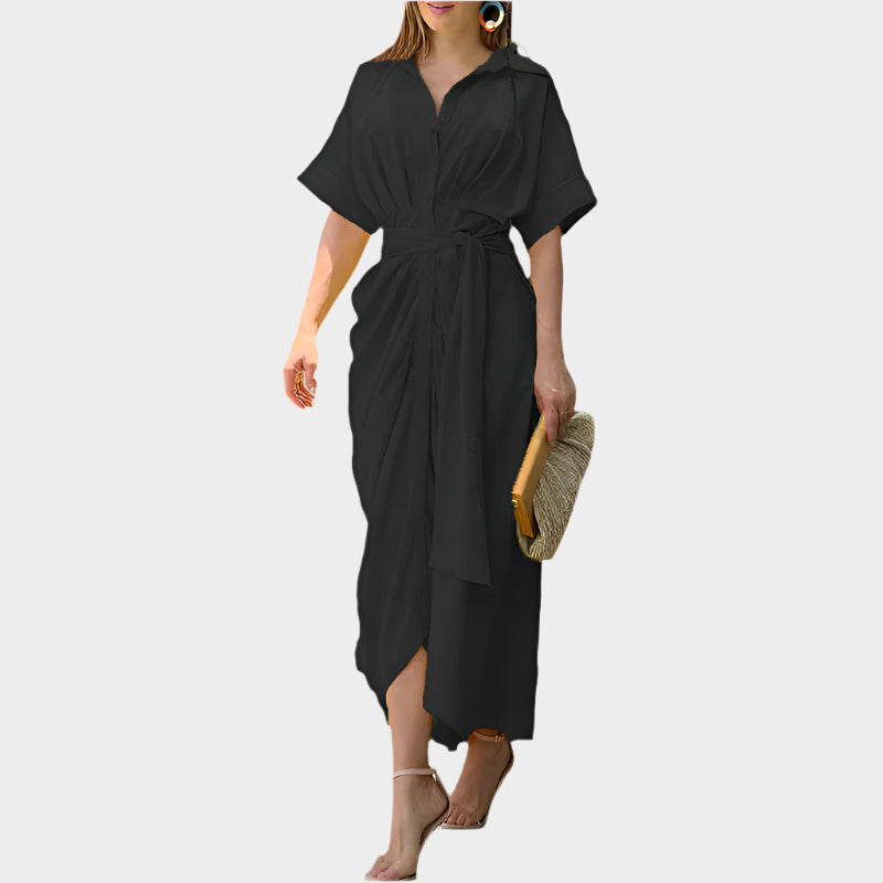 Vestido con Cuello Abullonado y Línea Elegante