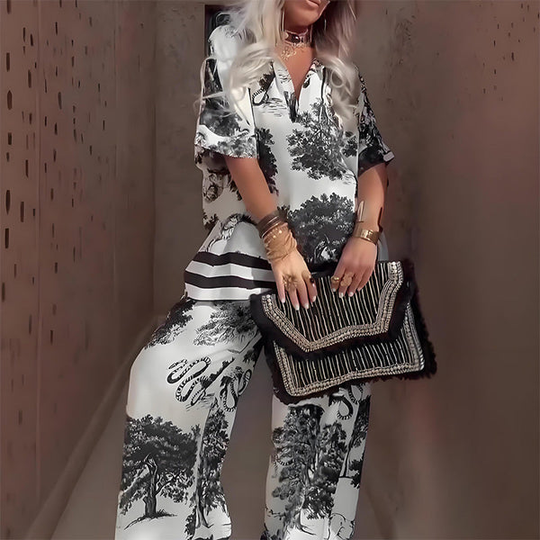 Top estampado con cuello en V + pantalón largo 
